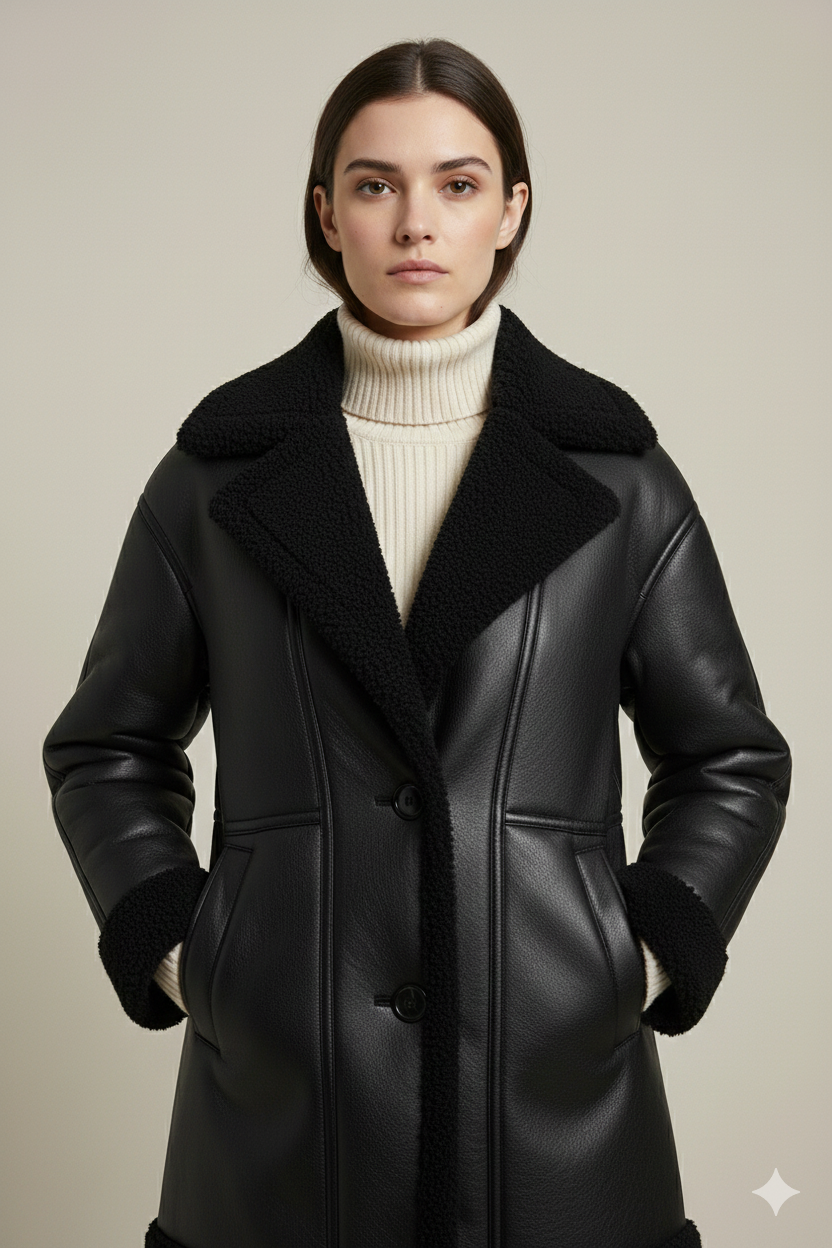 Women's black leather and fur nlongline aviator coat with a black sherpa-lined collar and button closure.